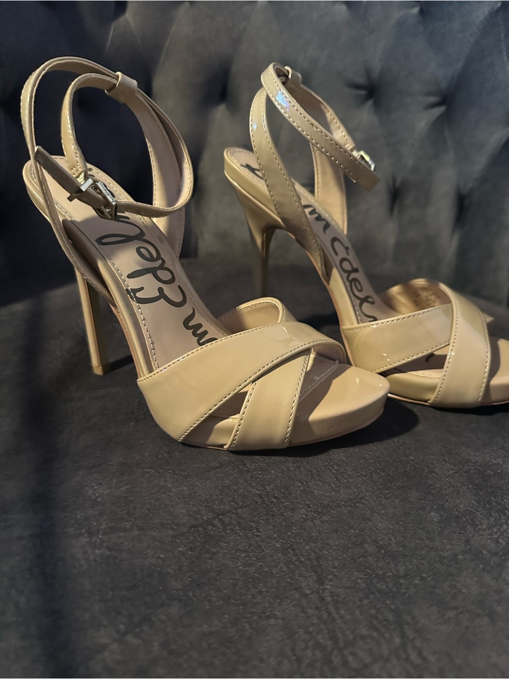 Sam Edelman Nude Patent Leather Crisscross Ankle Strap Heels